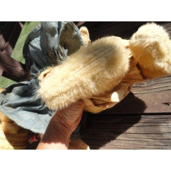 Vintage Handmade 20″ Teddy Bear Full Brim Straw Hat Flowers Denim Dress Red Bow - Picture 7 of 10